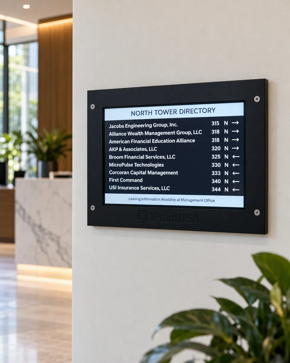 Compact black-framed digital tenant directory presentation
