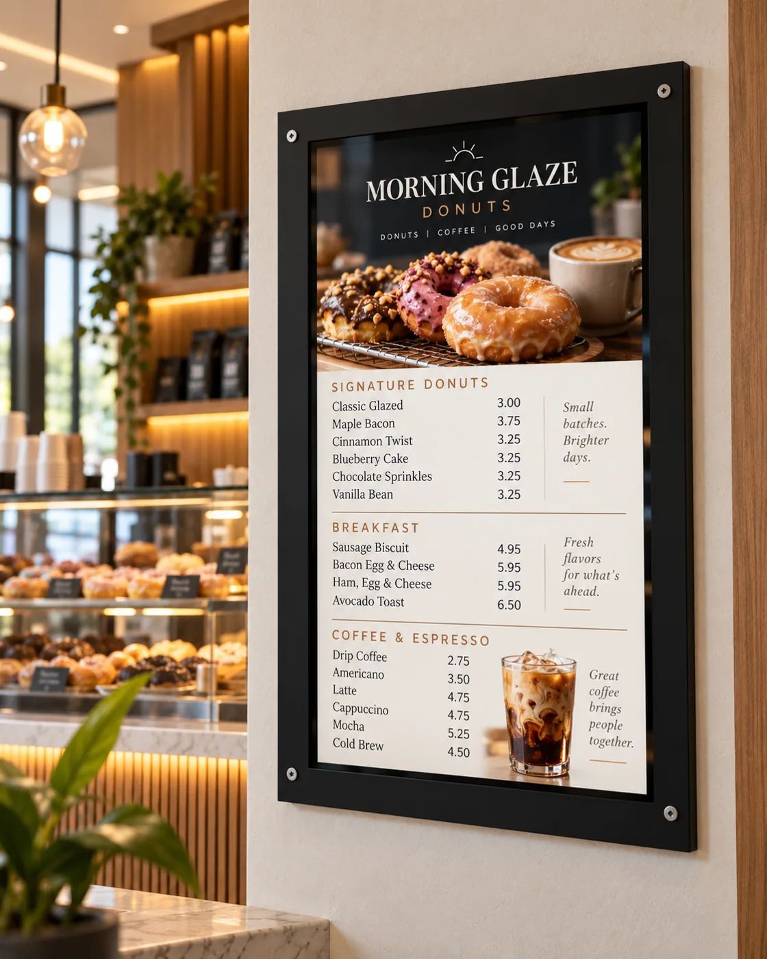 Concept rendering of a digital donut shop menu board