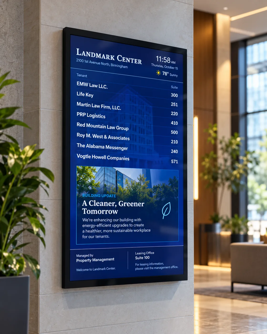 Conceptual presentation of a WayTuGo digital tenant directory on a modern lobby wall